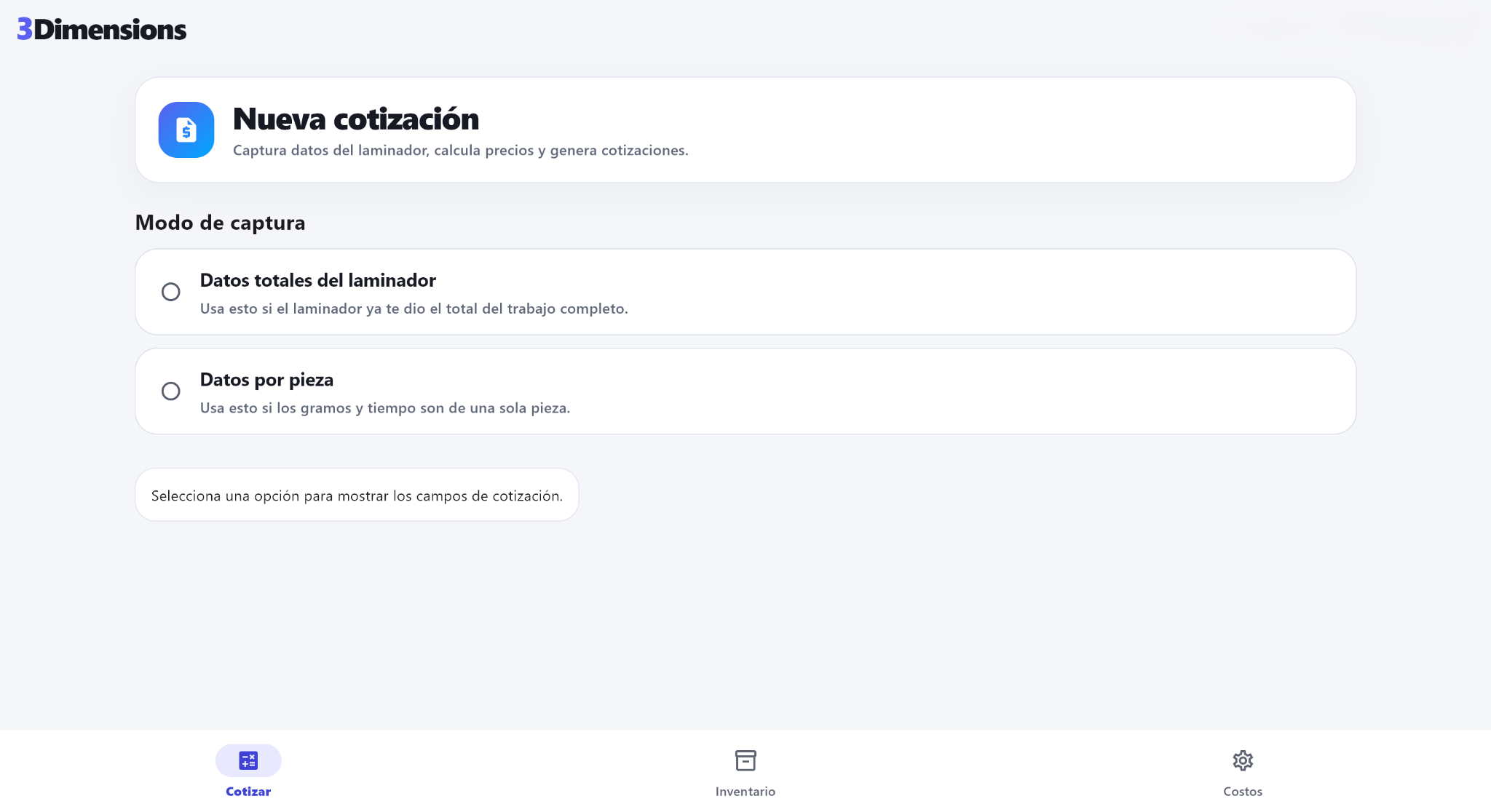 Pantalla de nueva cotización